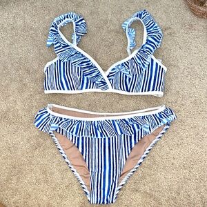 Padded two piece blue and white ruffle bikini